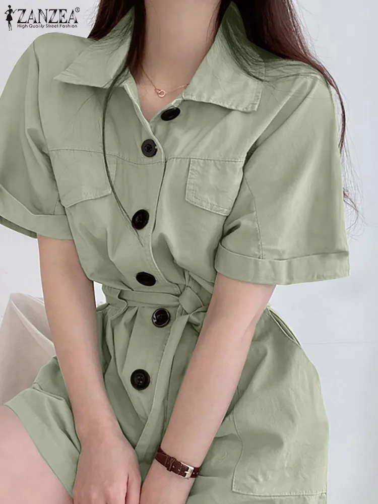 

Stylish Women Lapel Neck Short Sleeve Jumpsuits ZANZEA Fashion Summer Rompers 2022 Casual Solid Playsuits Loose Short Overalls