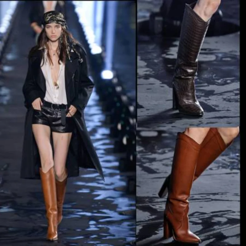 2023 European and American High Heeled Long Tube Square Heel Genuine Leather Women's Boots Round Toe Cowhide Super High Heels