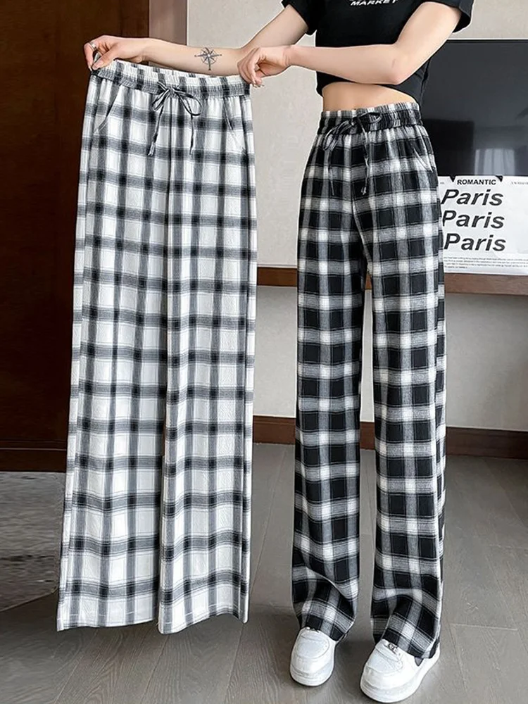 

Harajuku Black White Plaid Wide Leg Pants Women Streetwear Oversize 4Xl Casual Trousers Summer Female Korean Ice Silk Pants