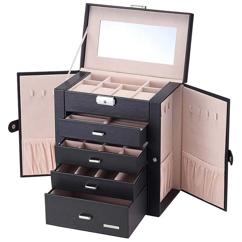 Leather Huge Jewelry Box Storage Organizer Case Mirrored Watch Organizer Necklace Ring Earring Storage Boxes Lockable Gift Ideas