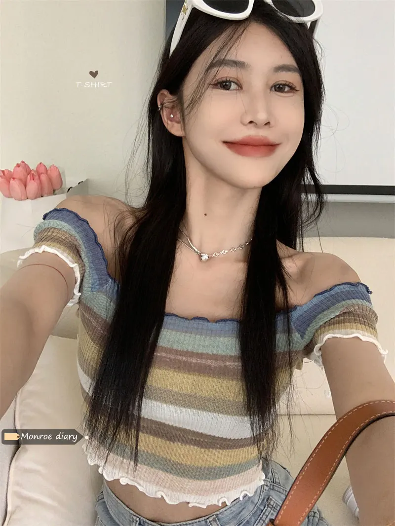 

French minority Rainbow Stripe short sleeve sweater women's summer off shoulder sweet spicy girl collarbone off shoulder short t