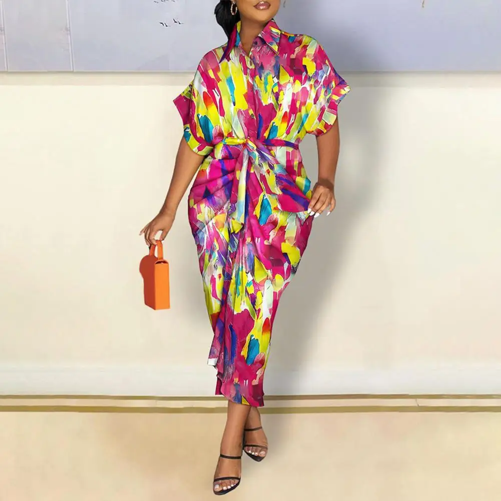 

Lady Dress Short Sleeve Party Dress Colorful Lines Print Draped Midi Dress