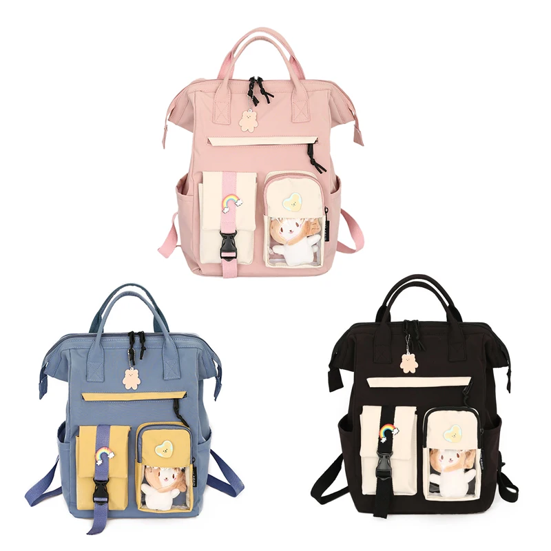 

Hot Kf-Cute Donuts Women Backpack Female Ring Buckle Big Schoolbag Transparent Multi-Pockets For Teenage Girls Backpacks