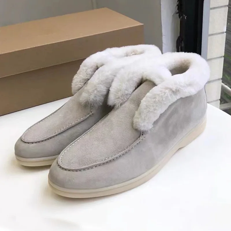 

2022 Winter New Thermal Loafers Shoes Cow Suede Round Head Ankle Boots Non Slip Snow Boots For Women Short Plush Flat Shoes