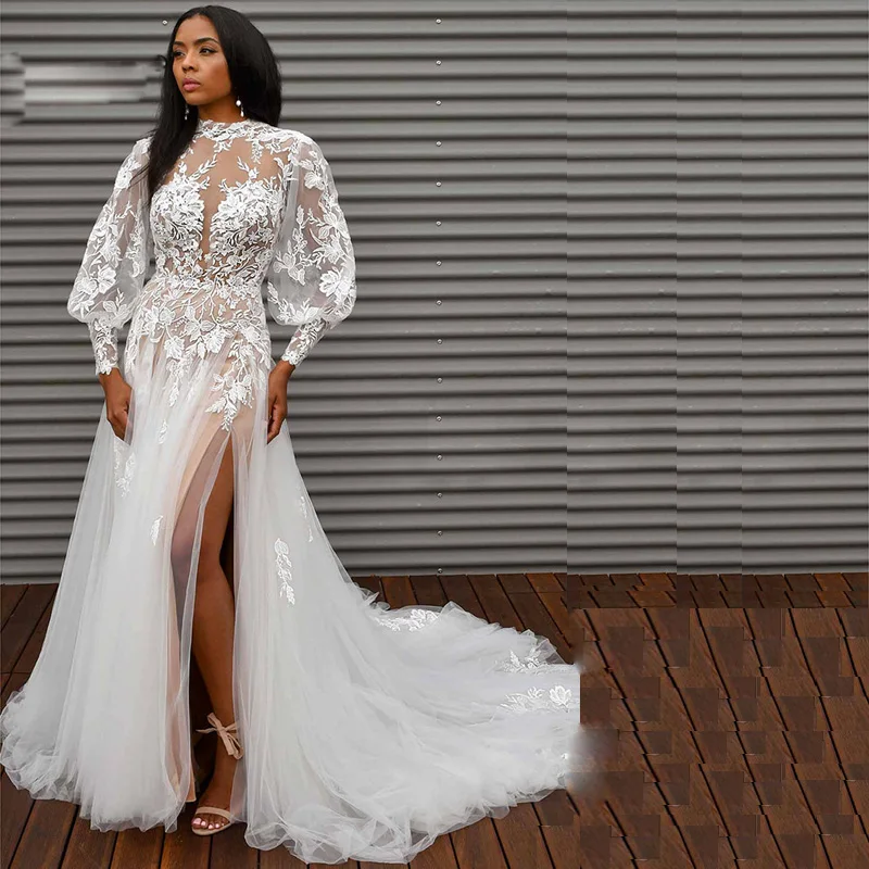 

Charming Embroidery Lace Wedding Dresses Puffy Long Sleeve Bridal Gown Side Split Hollow Back Marriage Robes