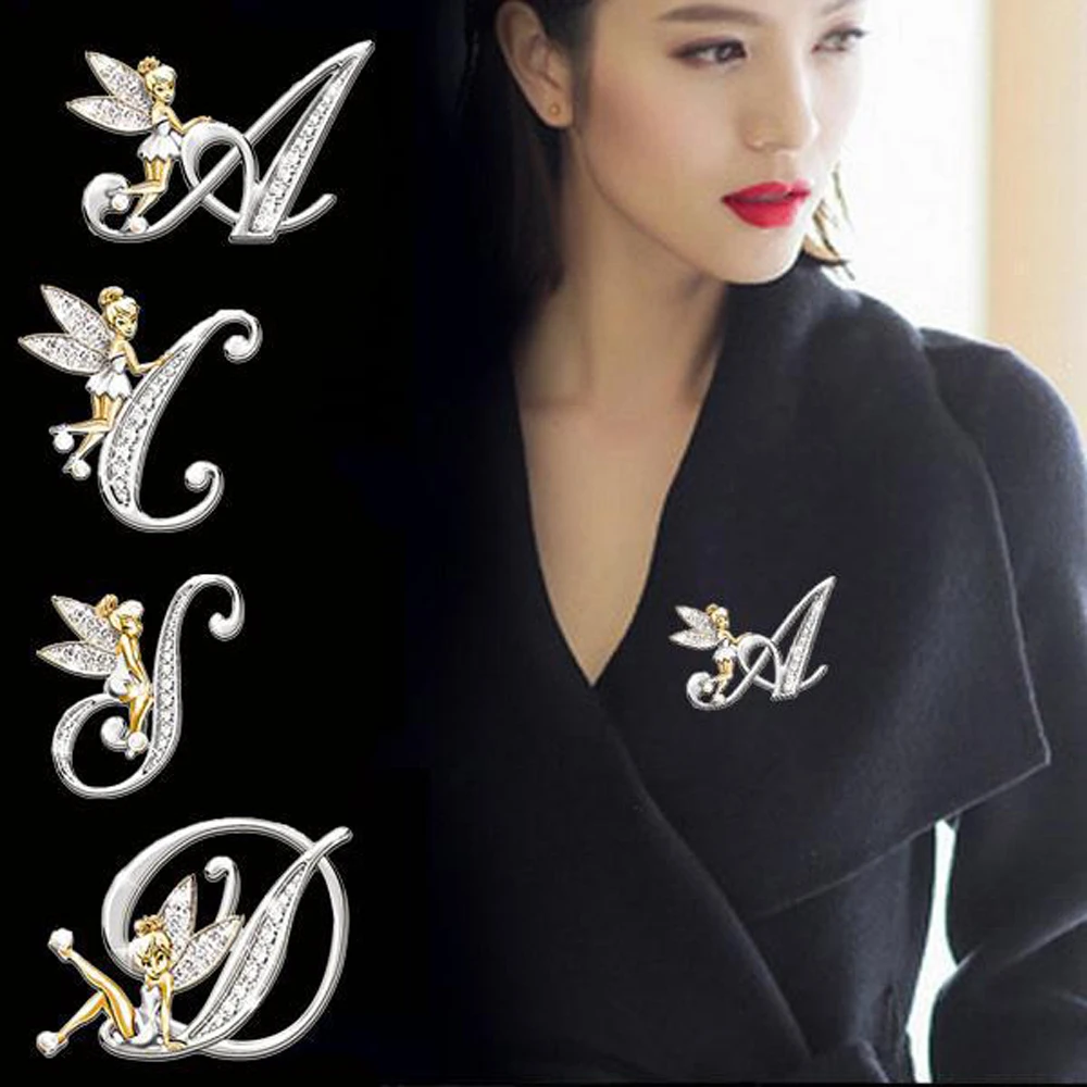 

Women Luxury Elf Angel English A-Z Letter Brooch Pin Rhinestone Metal Glossy Girls Ladies Lapel Collar Pin Scarf Clothes Decor