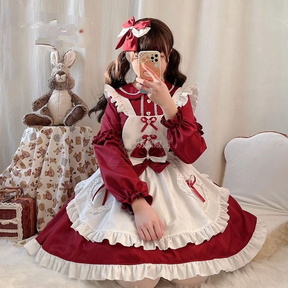 

Soft Girl Women Uniform Apron Loli Dresses Cosplay Costume Lolita Anime Maid OP Long Sleeve Dress 2022