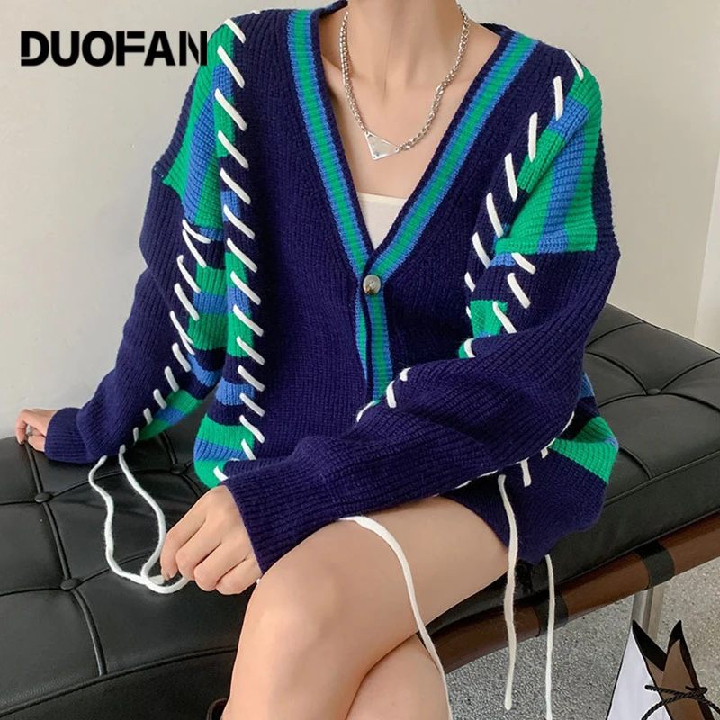 

DUOFAN V-neck Knitted Cardigan Women Splicing Tassel Tether Autumn Contrast Color Sweaters Female Single Breasted Sweater Coats