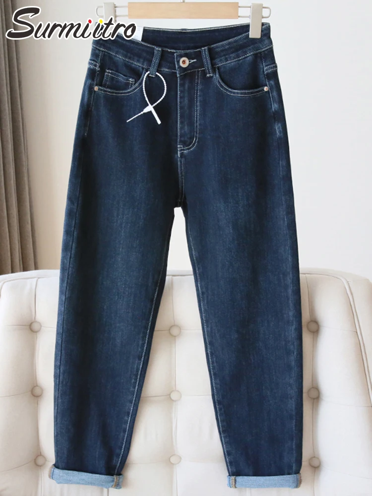 

SURMIITRO 2022 Fashion 4XL Solid Color Loose Wide Leg Boyfrind Mom Jeans Women Blue High Waist Denim Long Pants Female