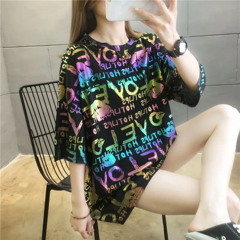 

Women Shiny T Shirt Glitter O Neck Loose Cool Letter Plus Size Tops Dance Hip Hop Sports Short Sleeve Clothes 2022 New