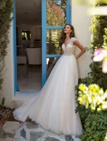 2022 lace appliques v neck a line tulle wedding dress for women sleeveless button back sweep train bridal gown vestido de novia