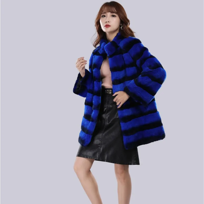 New Winter Women Luxury Real Chinchilla Rex Rabbit Fur Coat Warm Stand Collar Natural Fur Jacket