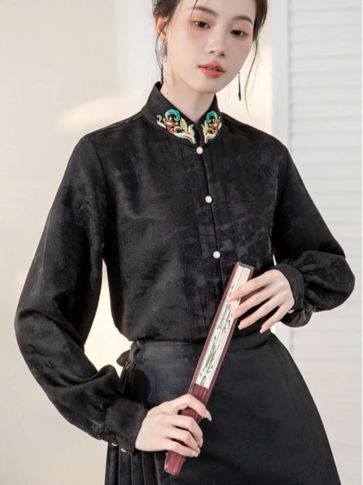 La Chabell Puella2024 Autumn New Stand Collar Solid Long sleeve Shirts Women Fashion Temperament Leisure Top