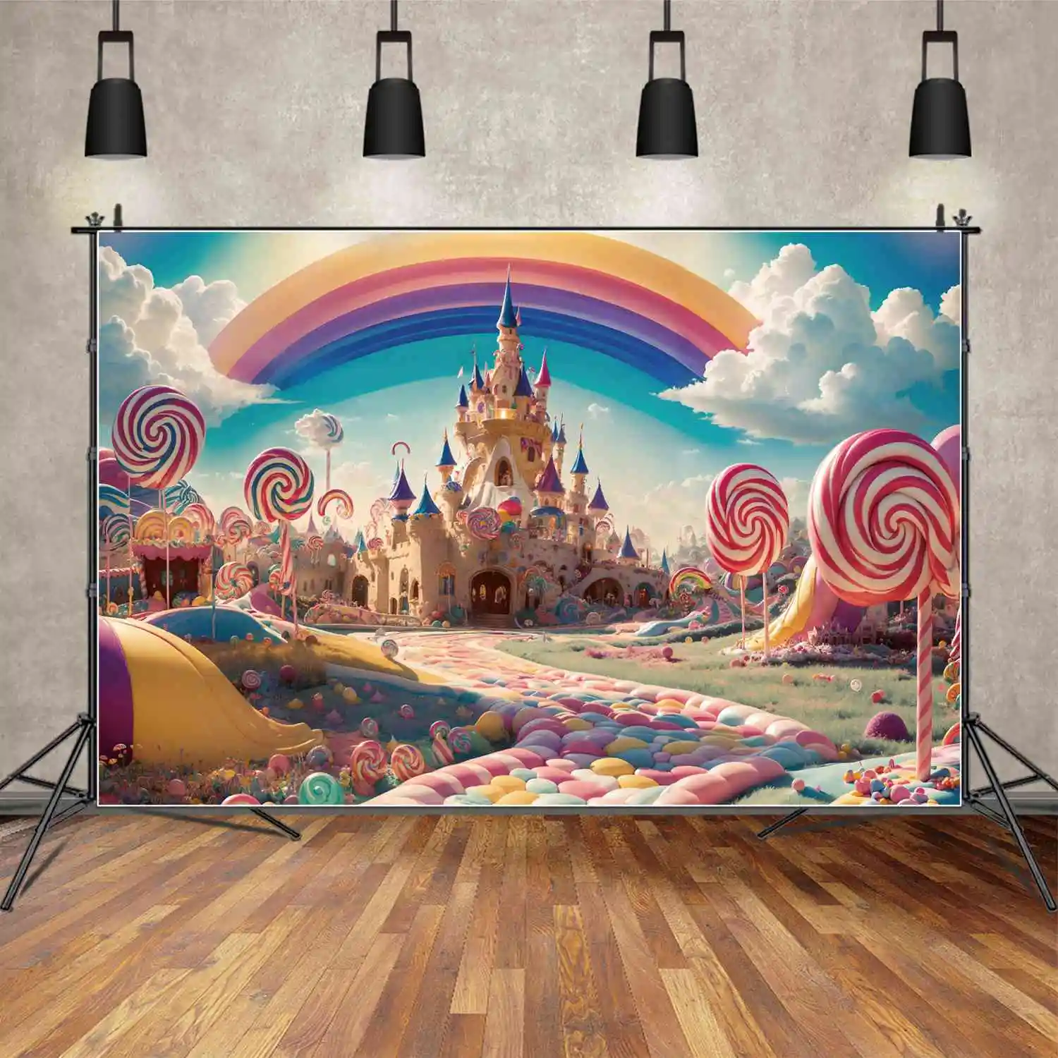 

Candyland Birthday Party Backdrops Photography Decor Castle Rainbow Pathway Custom Kids Photo Booth Photographic Backgrounds