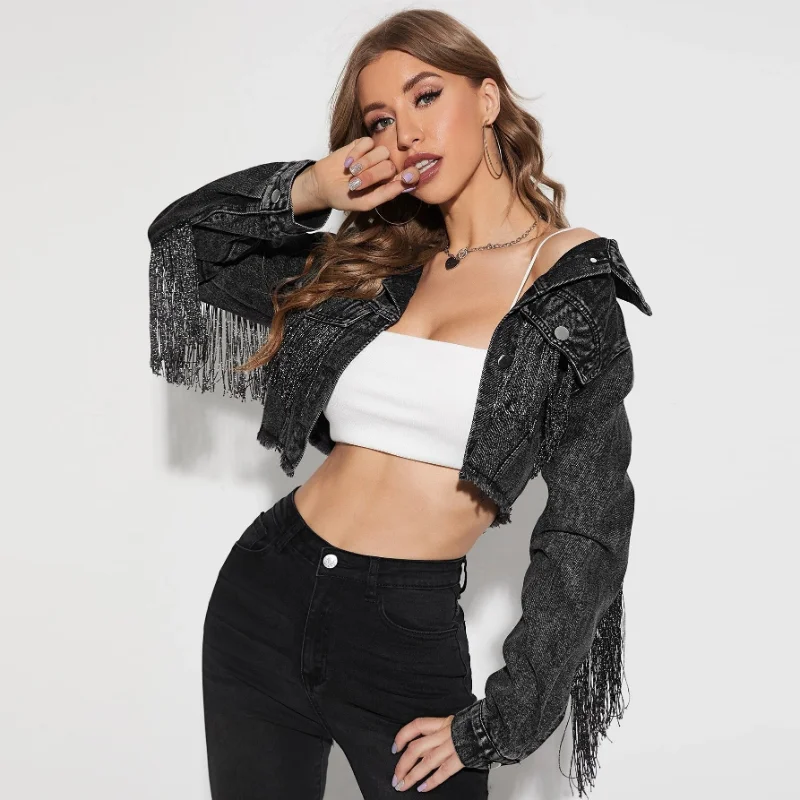 

Cowboy Jacket Women's Fashion Tassel Stitching Sexy Ripped Denim Coat Retro Casual Short Long Sleeve Streetwear Jean Jacket