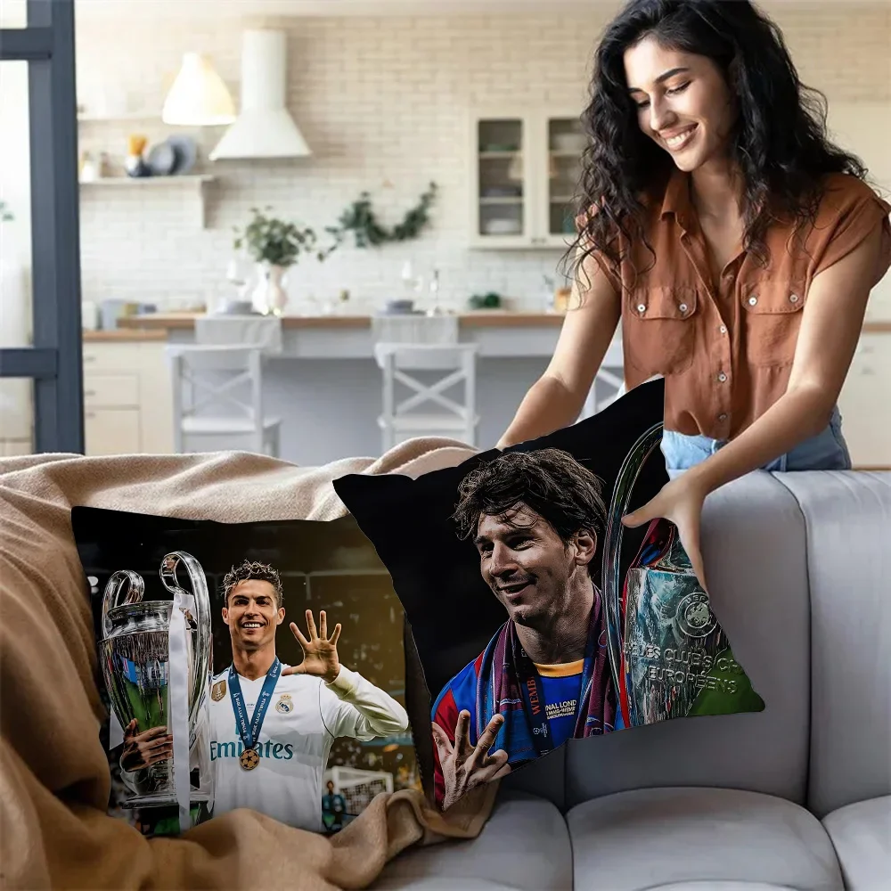 Football Star Pillow Covers Cartoon Sofa Decorative Home Double-sided Printing Short Plush Cute Cushion Cover M-MessiS-CR7