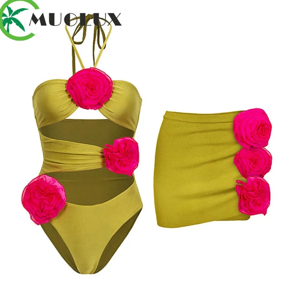

MUOLUX/Новинка 2023 года; Комплект бикини с объемным цветком и вырезом на шее; Цельный купальник и пляжная юбка для лета; Купальный костюм
