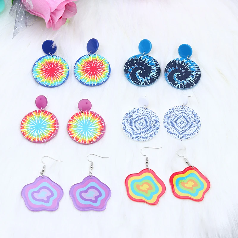 

VSnow Korean Sweet Rainbow Vortex Circle Acrylic Relief Dangle Earings for Women Cute Contrast Color Party Earings Jewellery