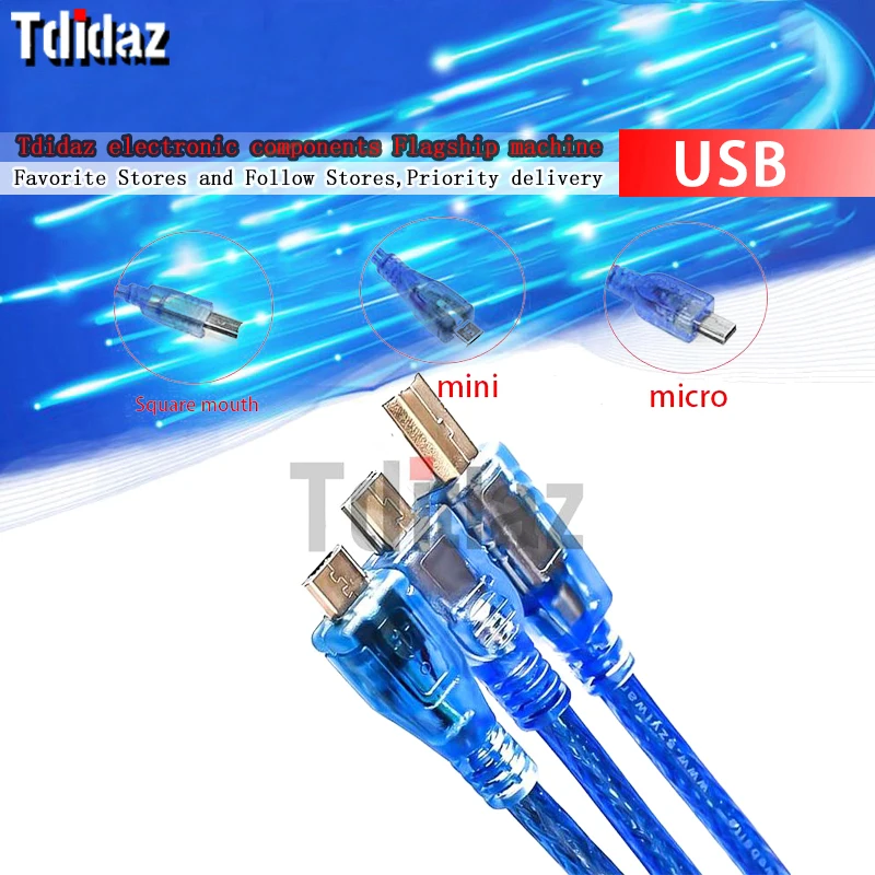 

USB printer blue data cable for Uno r3 Nano MEGA 2560 micro DUE Blue High Quality A type Mini Micro USB 0.3m for Arduino