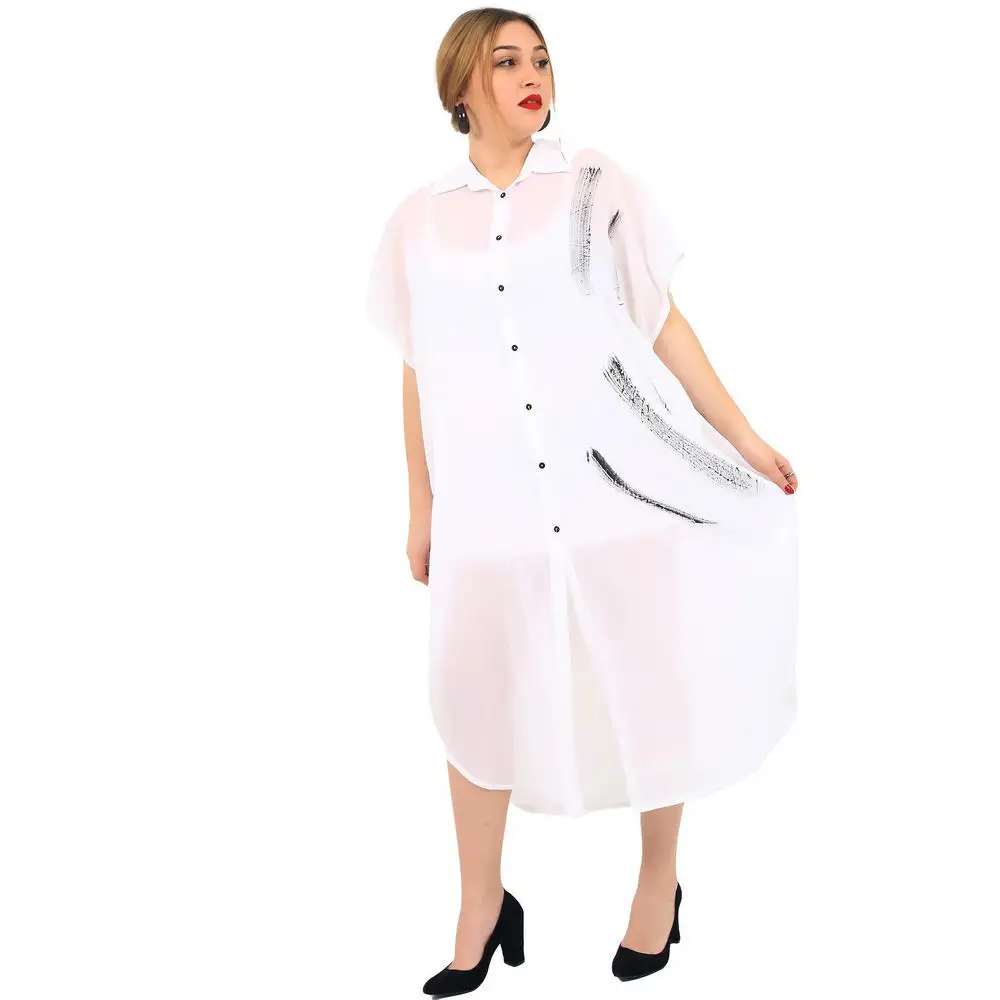 

Fierte Women Large Size Dress Lm14570 Male Collar Button Closure Low Sleeve Cotton Long Summer Saks Blue Black White