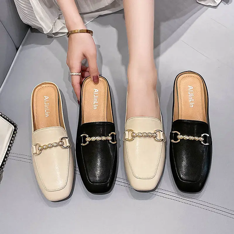 

Fashion Summer Soft Leather Women Slippers Brand Designer Slip on Mules Flat Heel Platform Shoes Lady Outdoor Sapatos de Mujer