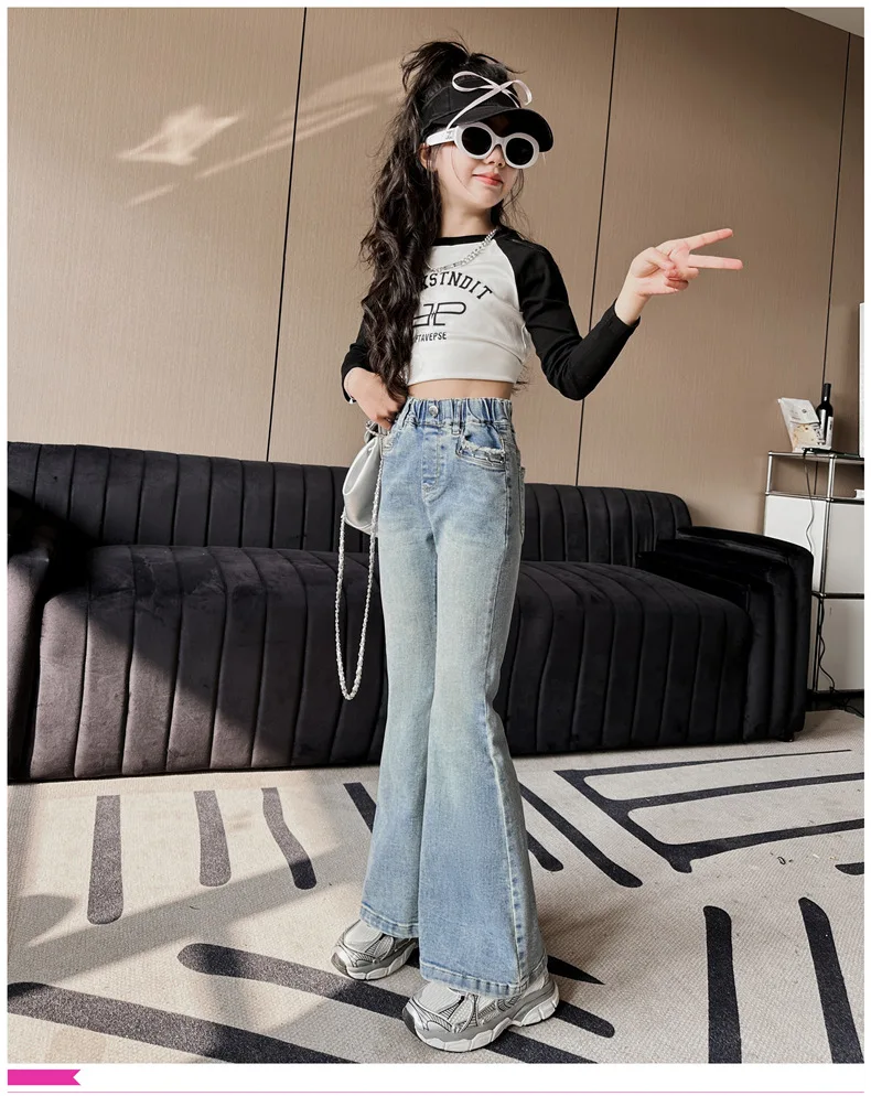 Spodnie dla dziewczynki Dżinsy dziewczynek Rozkloszowane spodnie Jesień 2024 Nowy Casual Slim Stretch Flared Fashion Comfort Pant Children
