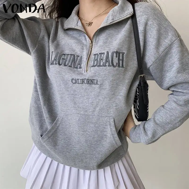 

VONDA Women Hoddies Sweatshirts 2022 Casual Long Sleeve Lapel Neck Blouse Tops Oversize Women Casual Printed Embroidered Blusas