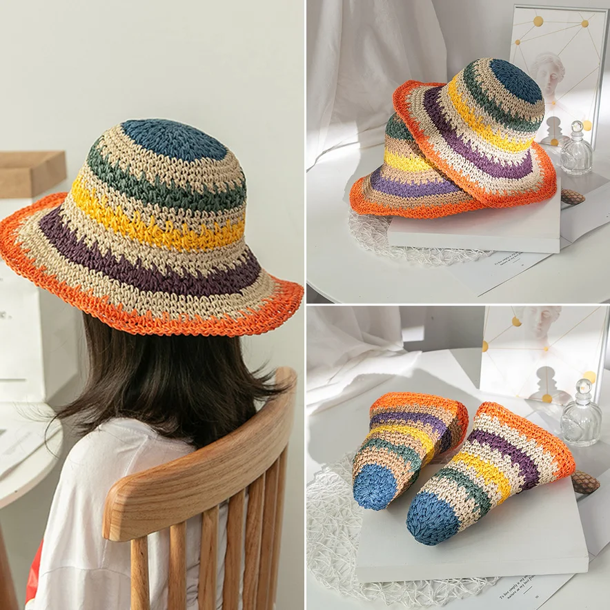 

Rainbow Crochet Hand-made Womens Straw Hat Panamas UV Protection Foldable Summer Bucket Hat Beach Sun Visor Hats Women Visors