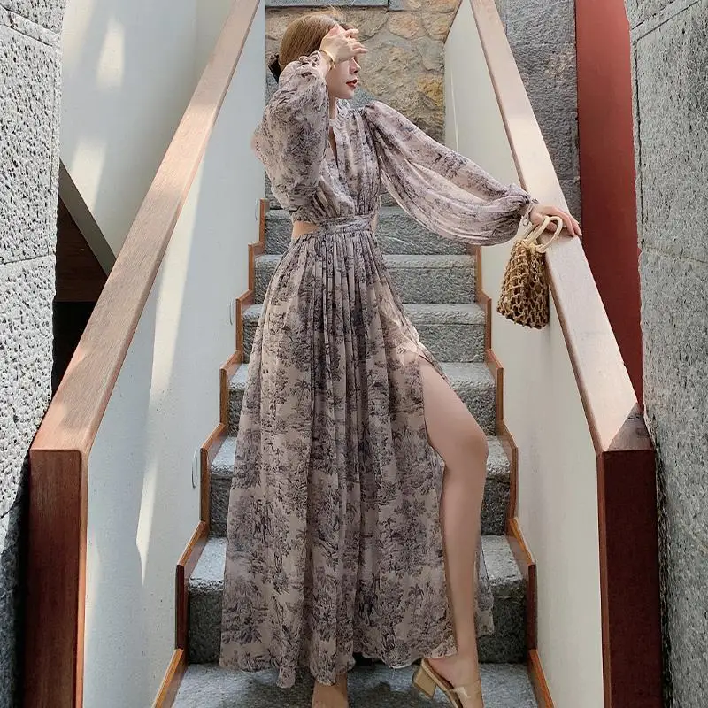 

Vintage Beach Floral Maxi Dress Women Elegant Hollow Out Korean Holiday Split Dress Female Casual Long Sleeve Fairy Party Dress