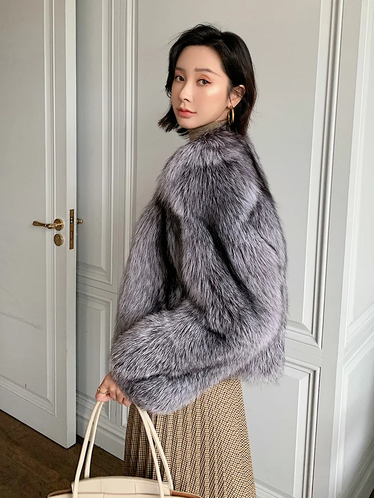 Imported Full Pelt Silver Fox Fur Coats and Jackets Women Covered Button Real Fur Luxury Clothes Women's Long-sleeved Warm Coat