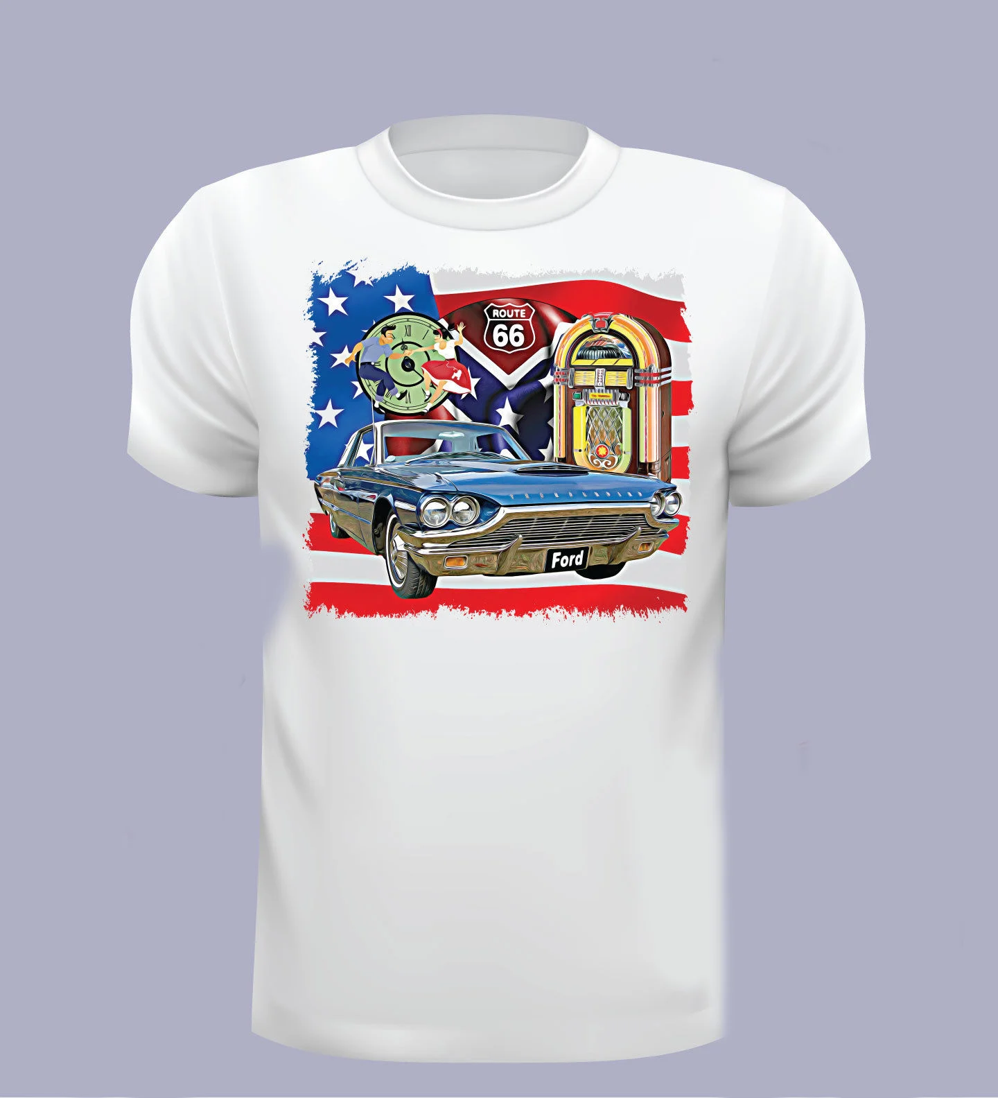 Купи T-Shirt Casual Short Sleeve for Men Clothing Summer Ameican Car Thunderbird Men'S T Shirt Route 66 Usa Flag, Printed Tops Tees за 278 рублей в магазине AliExpress