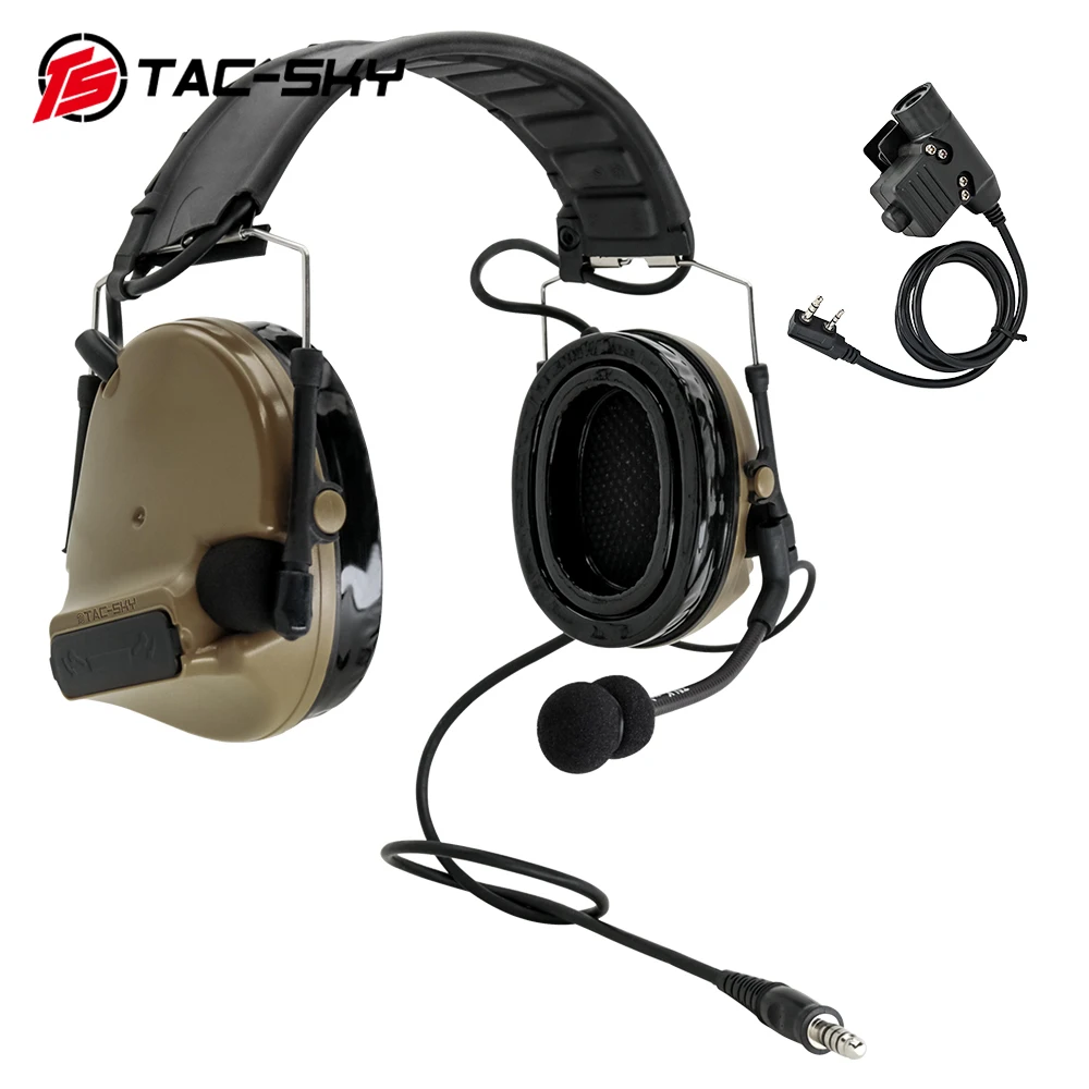 TS TAC-SKY COMTAC III Tactical Headphones Noise Cancelling Pickup Detachable Headband Walkie Talkie Headphones DE