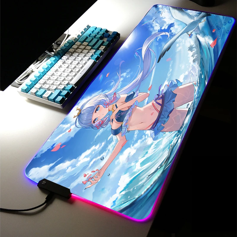 

Anime Sexy Cute Girl Ganyu XXL RGB LED Light Gaming Accessories Led Baal Large Mouse Pad Genshin Keyboard Desk Mat Room Carpet