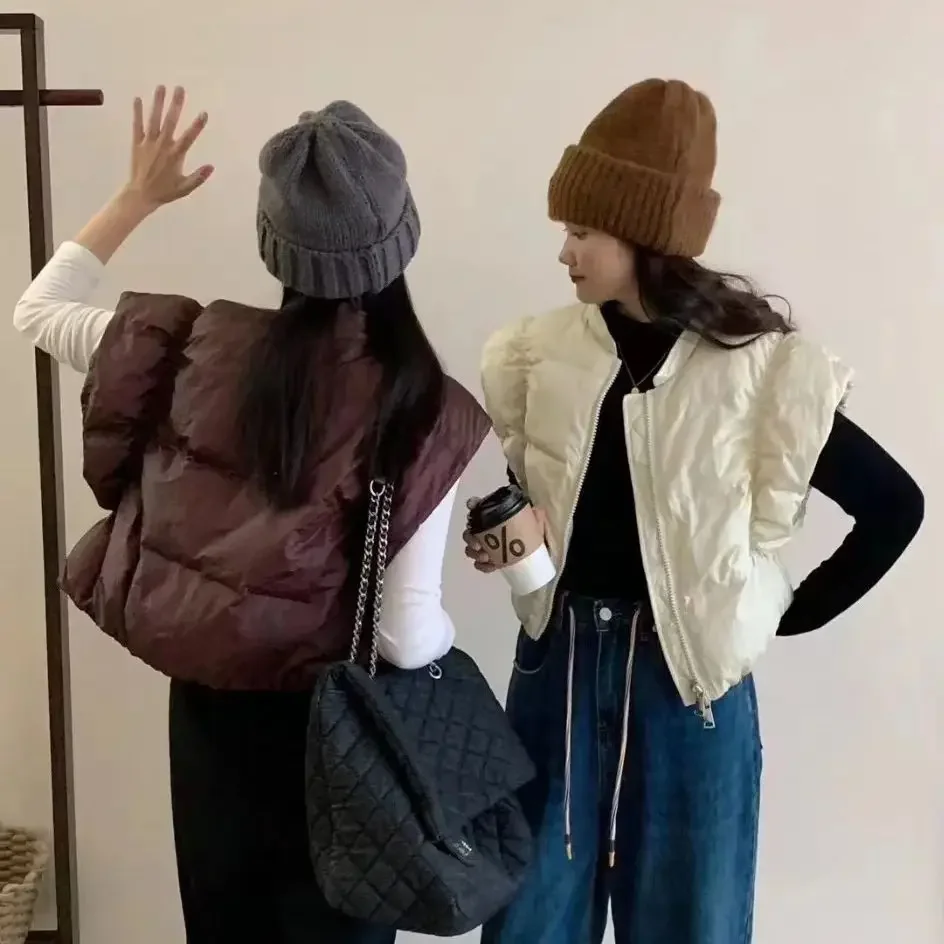 Женский модный пуховик жилет зимнее шикарное пальто без рукавов на молнии