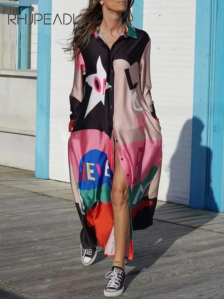 

Fashion Print Shirt Dress Women Long Sleeve Button Pockets Casual Loose Long Dress 2022 Autumn Woman Maxi Dresses Robe Femme