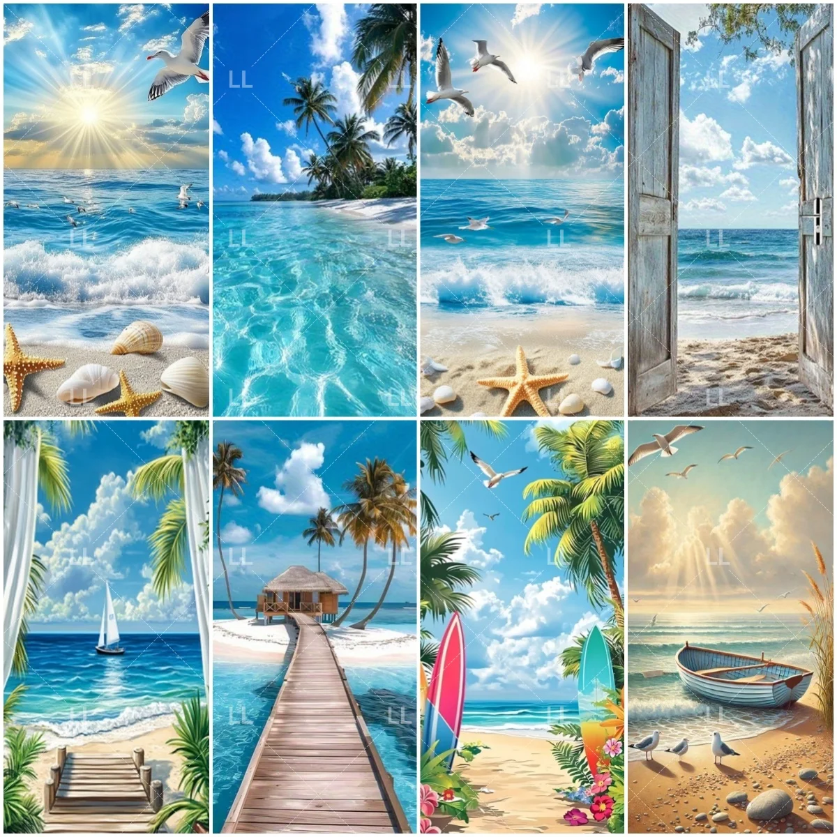 Фото Летний пляжный фон для фотосъемки: морской пейзаж, ракушки, тропический океан, закат, пальмы. Декоративный гобелен для двери, реквизит для фото. №1
