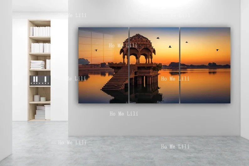 Pavilions And Flying Geese At Sunset 3 Pieces Wall Art Hangings Housewarming Gift Christmas
