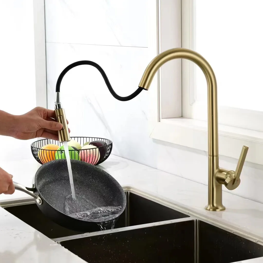 

All copper kitchen pull cold and hot faucet, sink sink, vegetable basin, retractable, rotatable snow white faucet