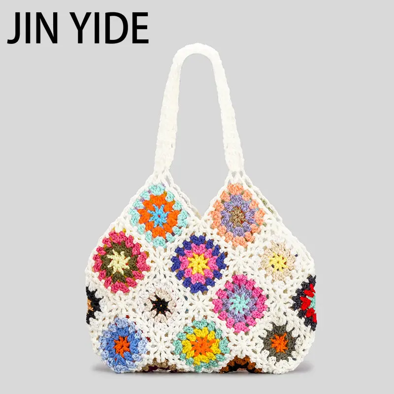 Купи Bohemian Crochet Women Shoulder Bags Flower Plaid Lady Handbags Handmade Woven Knitted Summer Beach Bag Small Tote Bali Purses за 809 рублей в магазине AliExpress