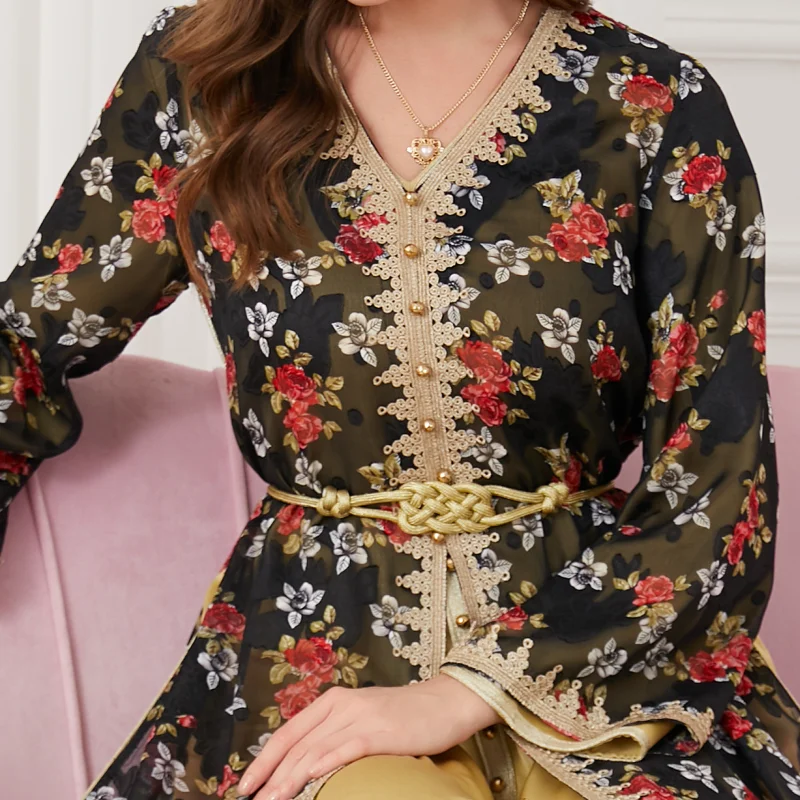Eid Muslim Women 2 Piece Abaya Dress Set Dubai Ramadan Morocco Party Dresses Belted Kaftan Vestidos V-neck Maxi Prayer Abayas