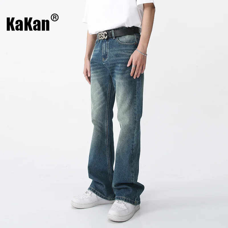 Kakan - Korean Version of New Vintage Loose Fitting Jeans, Distressed Ground White Slightly Flared Straight Length Jeans K50-930