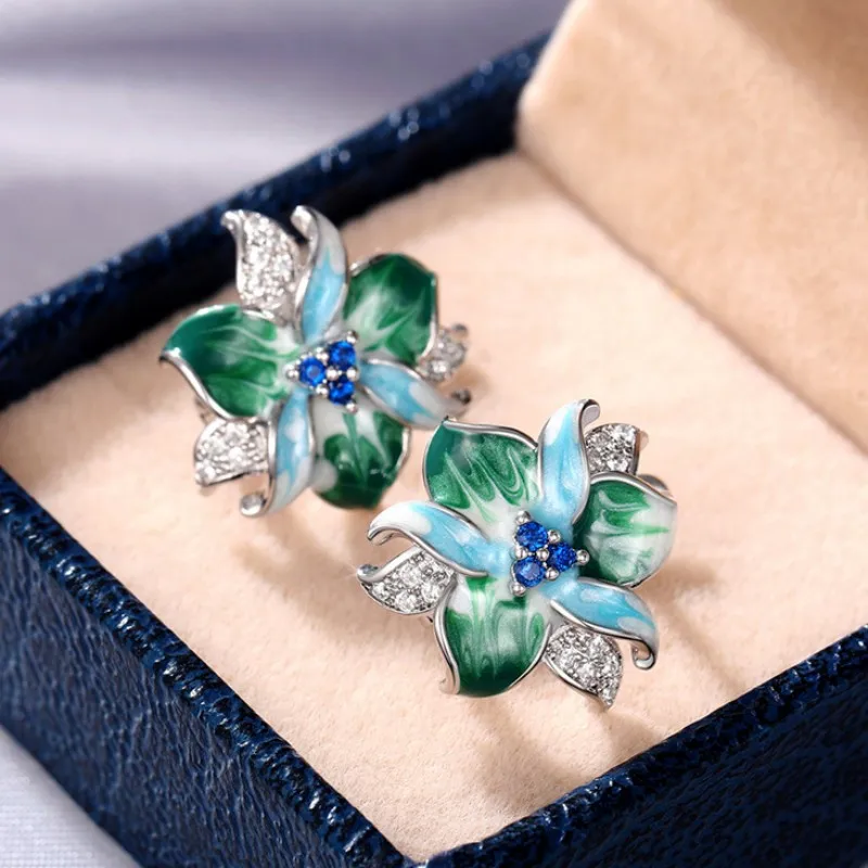 

Green Blue Flower Earrings Women Inlay Sparkling Cubic Zirconia Fancy Anniversary Gift Newly Designed Flowers Ear Jewelry