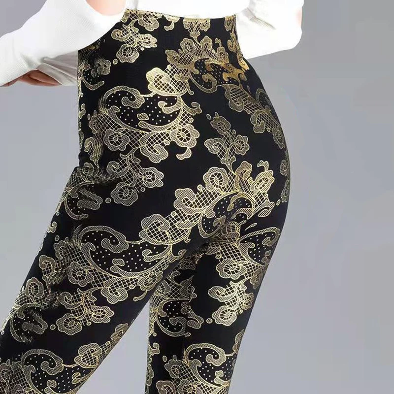 Retro Print Seamless Leggings High Waist Oversized Gold Sliver Fashion Outwear Thin Summer Long Pants Gym Spandex Leggins Woman