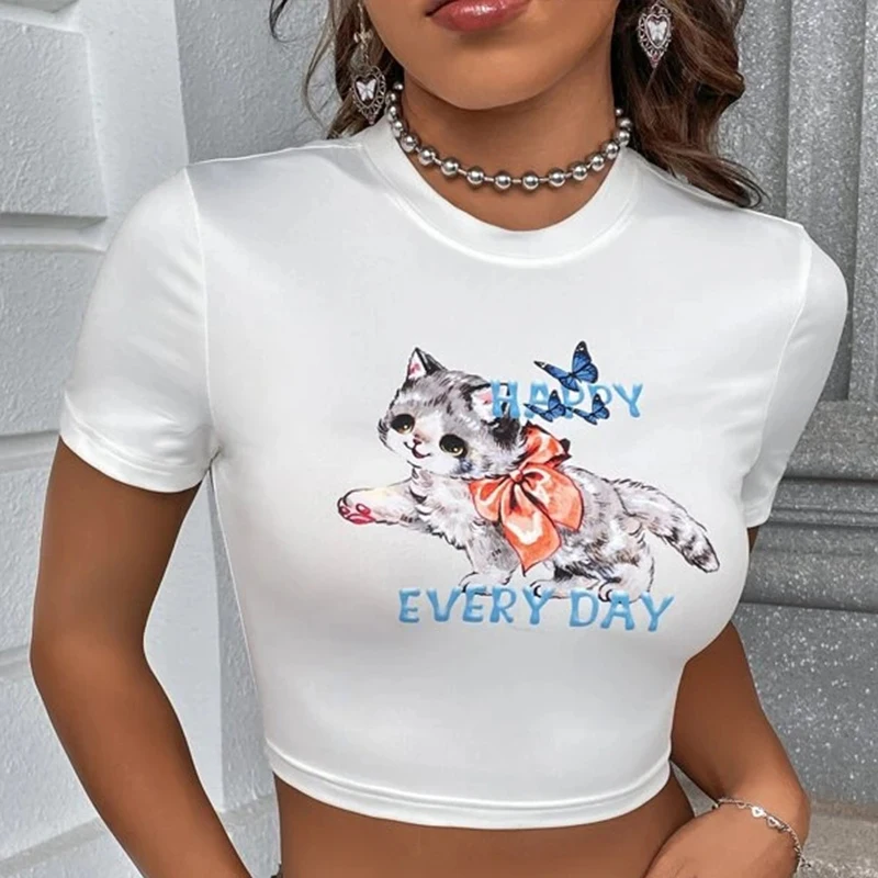 

Модный милый укороченный топ, женская одежда с милым мультяшным принтом кошки, круглым вырезом и короткими рукавами, футболка, Короткий Повседневный сексуальный облегающий Топ Y2k