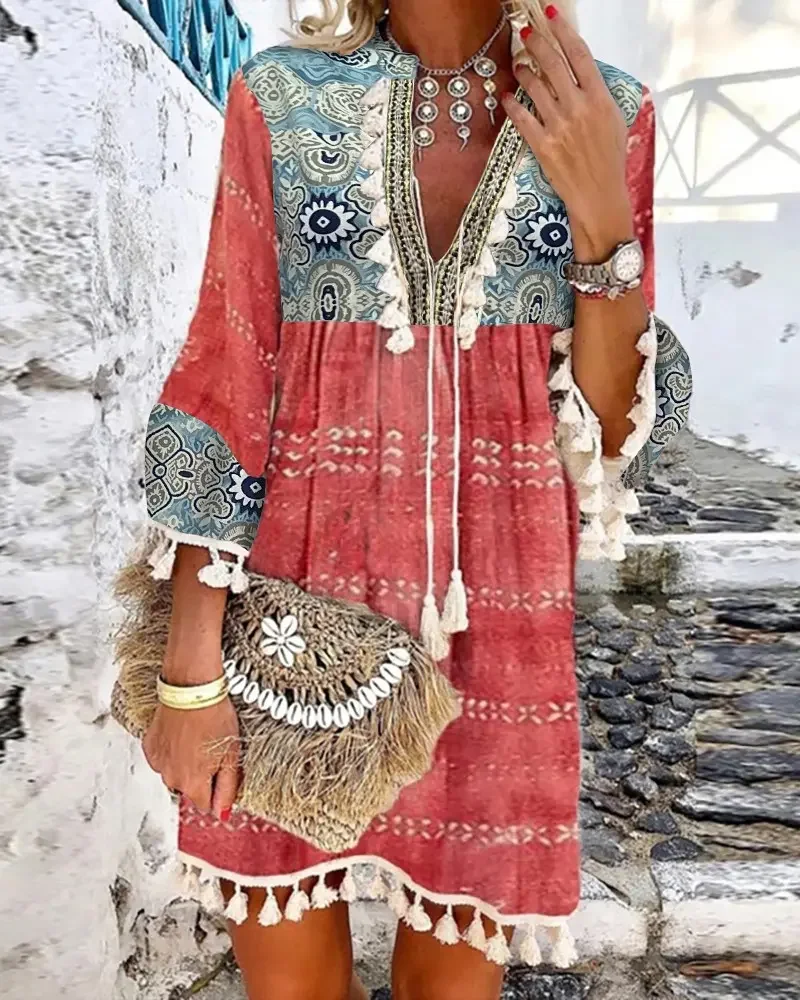 

2022 Summer Woman Casual Allover Print Tassel Design Plunge Bell Sleeve A Line Mini Boho Vacation Dress