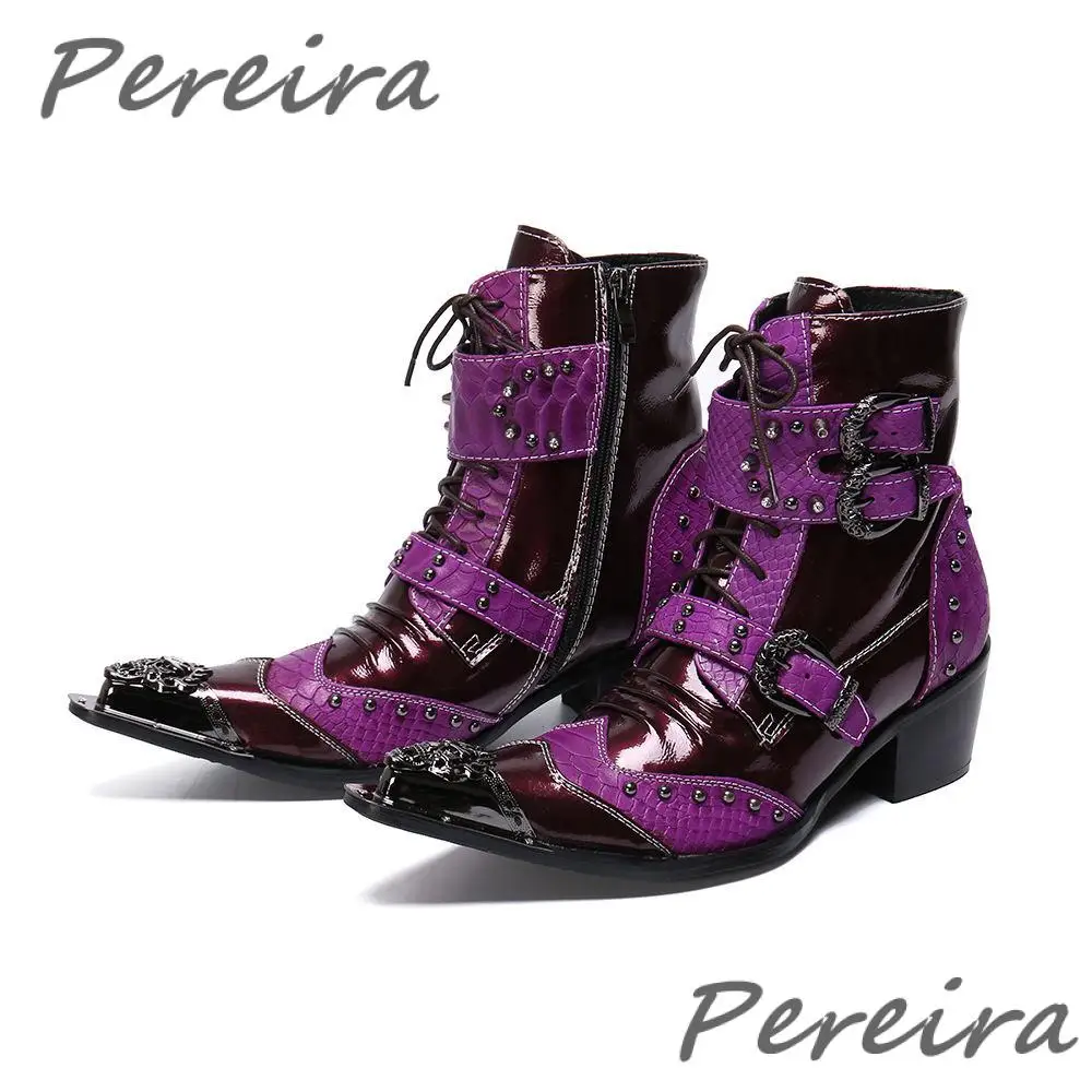 

Metal Pointed Toe Men Cow Leather Boots Fashion Rivet Purple Short Boot Street Style Male Party Prom Dress Shoes Botas Plus Size