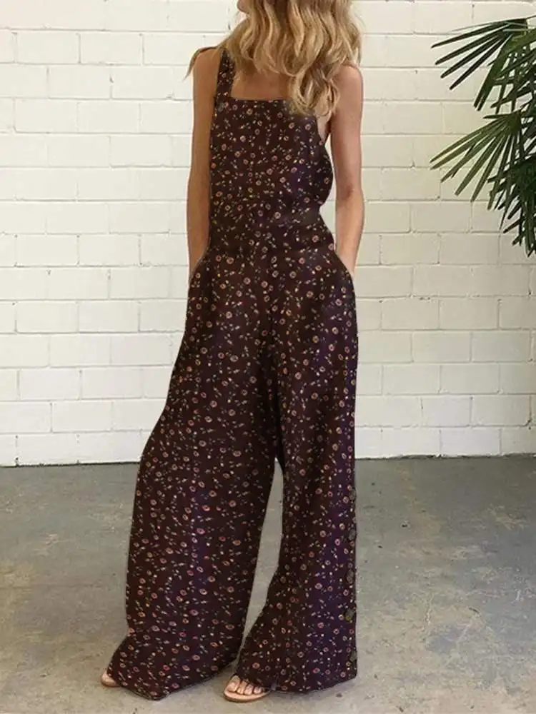 Women Summer Jumpsuit 2023 VONDA Sexy Sleeveless Playsuits Printed Rompers Casual Loose Wide Leg Holiday Party Pants Overalls