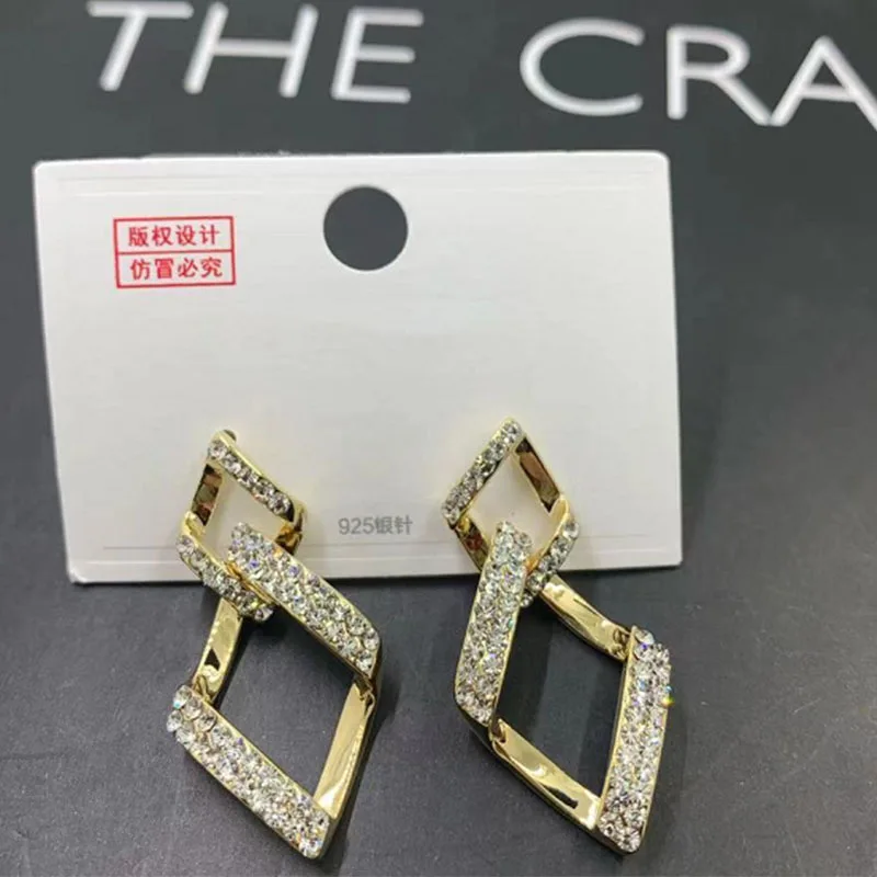 

Copper Inlaid Zircon French High-end Earrings, Light Luxury, Long Face, Thin Earrings, Geometric Rectangular Circle Earrings