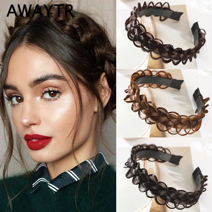 AWAYTR Black Twist Braid Hair Bands for Women Toothed Non-slip Designer Headbands Fashion Adjustable Braids HeadBand Girls