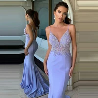 light purple v neck womens formal evening dress with spaghetti straps and beaded applique party dress to prom
